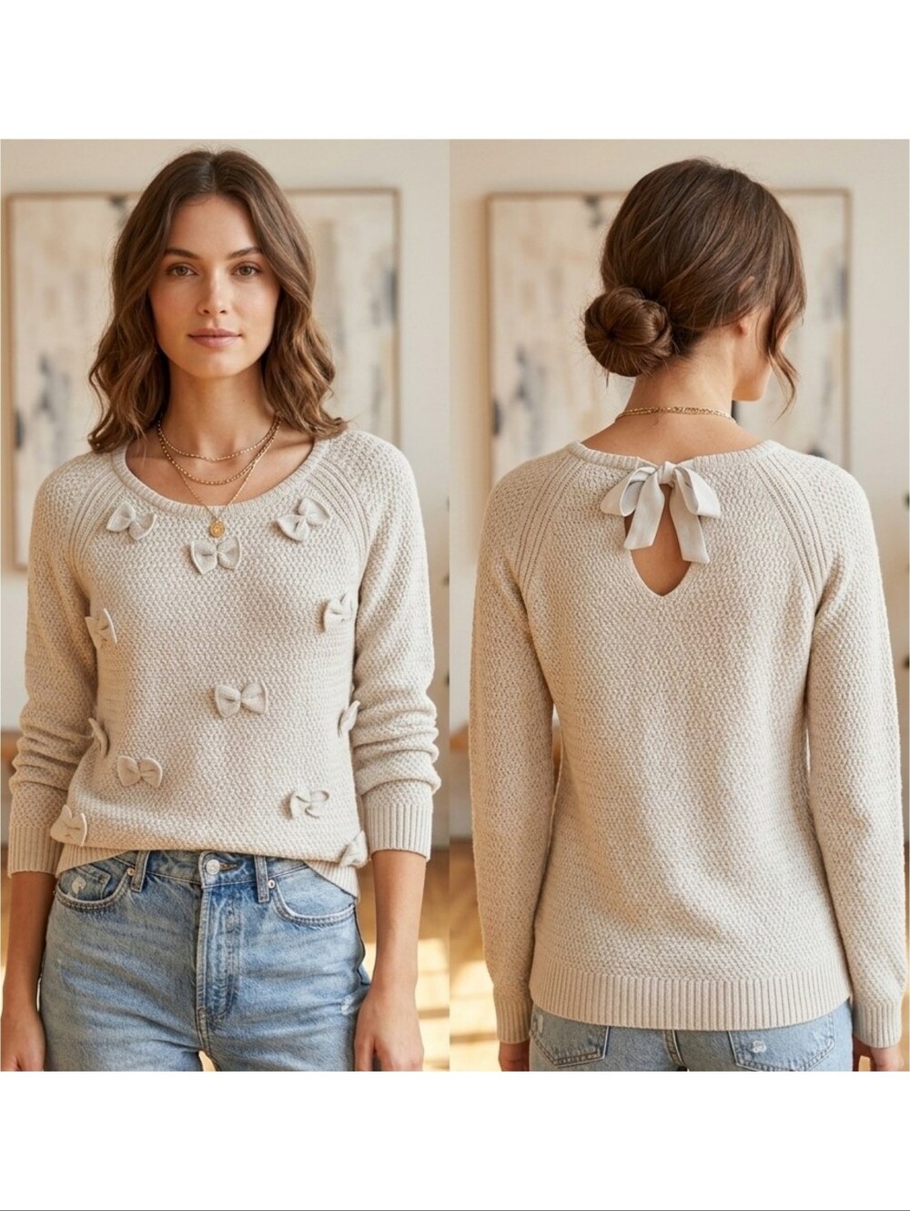 Lauren Conrad Runway Enchanted Woodlands Bow Sweater Pale Gray Size M